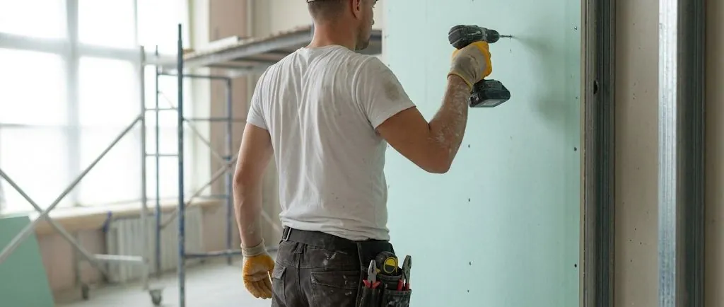 Artisan de l'équipe HauteRenovation vissant une plaque de plâtre sur un chantier