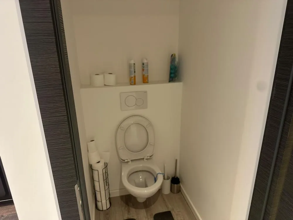 WC suspendu avec plaque de commande double chasse et tablette d'habillage